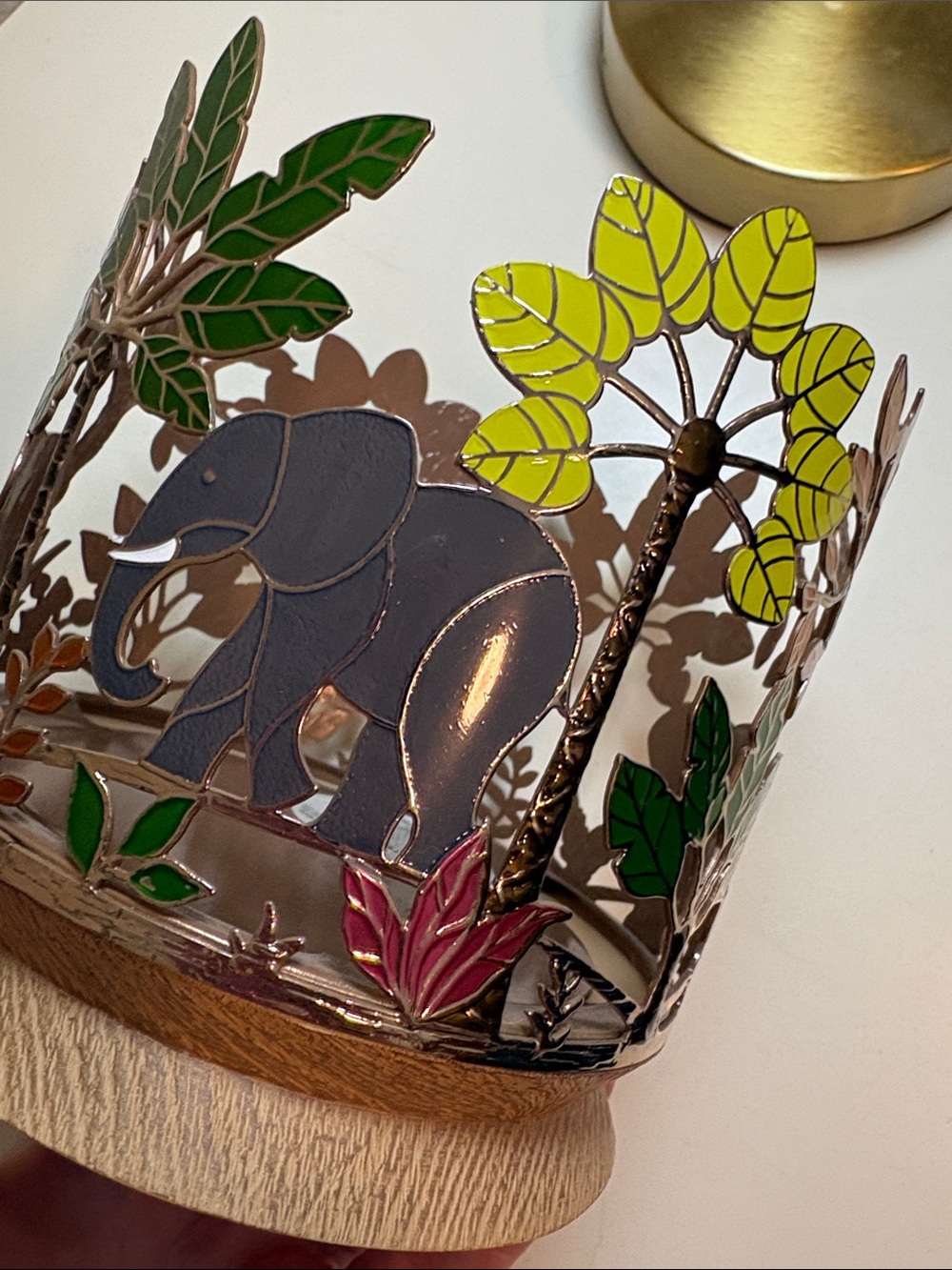 Bath & Body Works Elephant Jungle enameled metal Candle Holder with Wooden Base - Picture 14 of 15